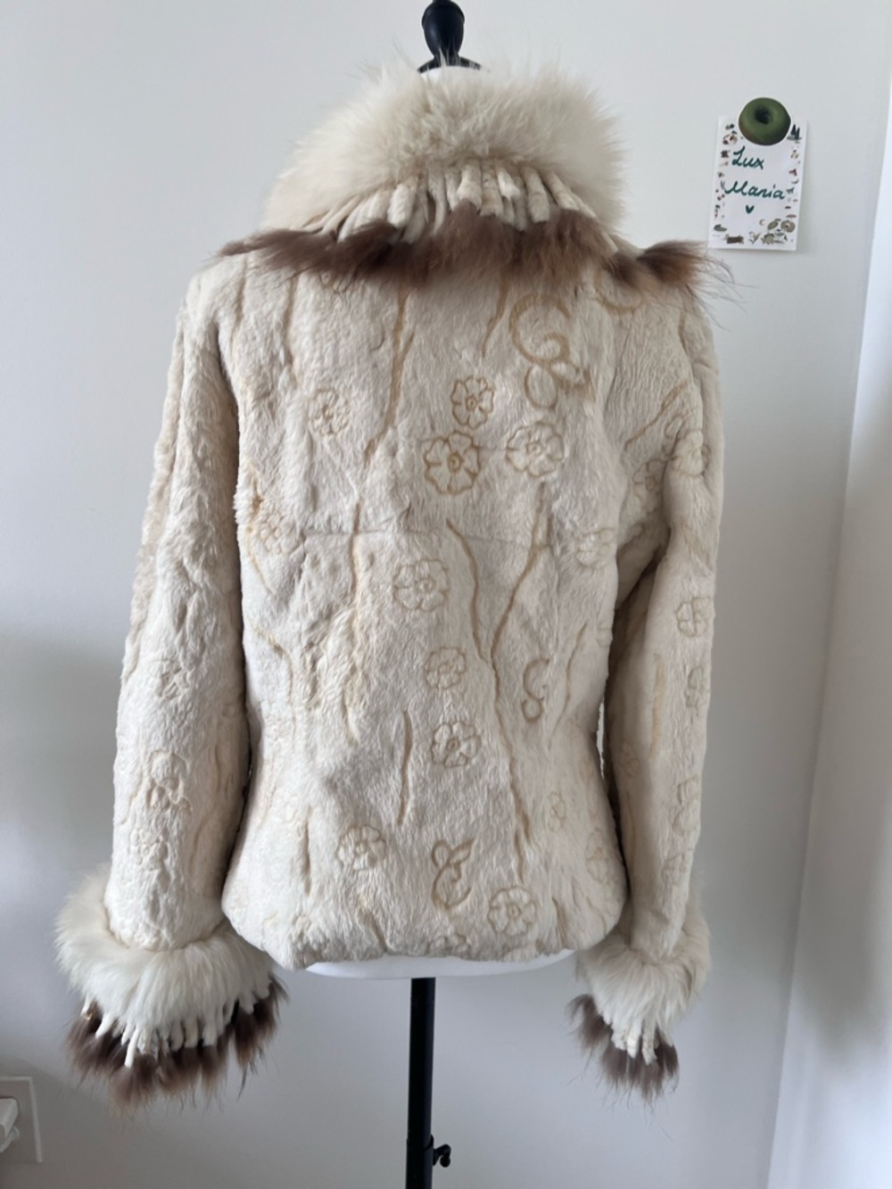 Vintage Cream White Real Rabbit Fur Jacket w Fox Fur Collar & Cuffs M Floral Y2K - Picture 5 of 11